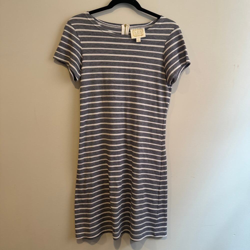 Sail to Sable Striped Shift Dress Navy Blue White Knit Crew Neck Back Zip Sz S
